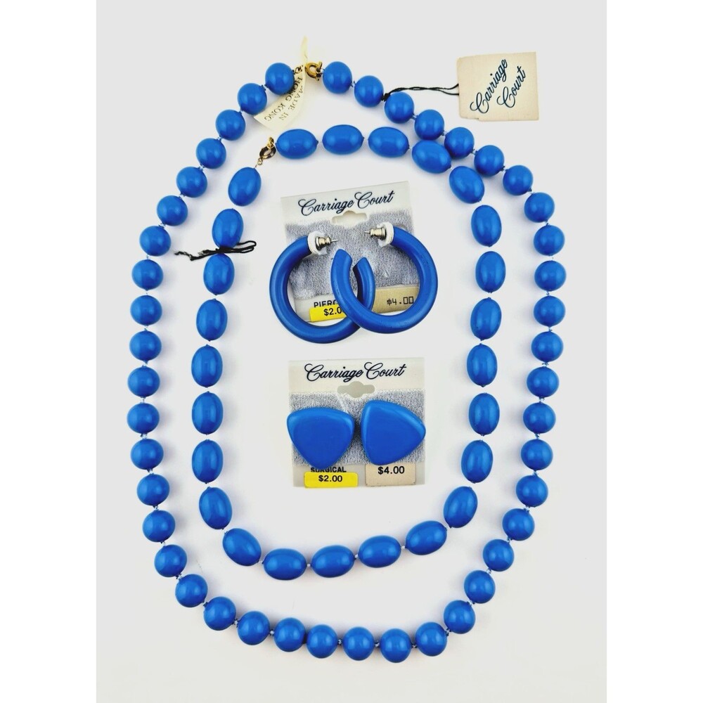 Vintage Jewelry Lot Blue Bead Necklaces Hoop Earrings Post NOS Carriage Court